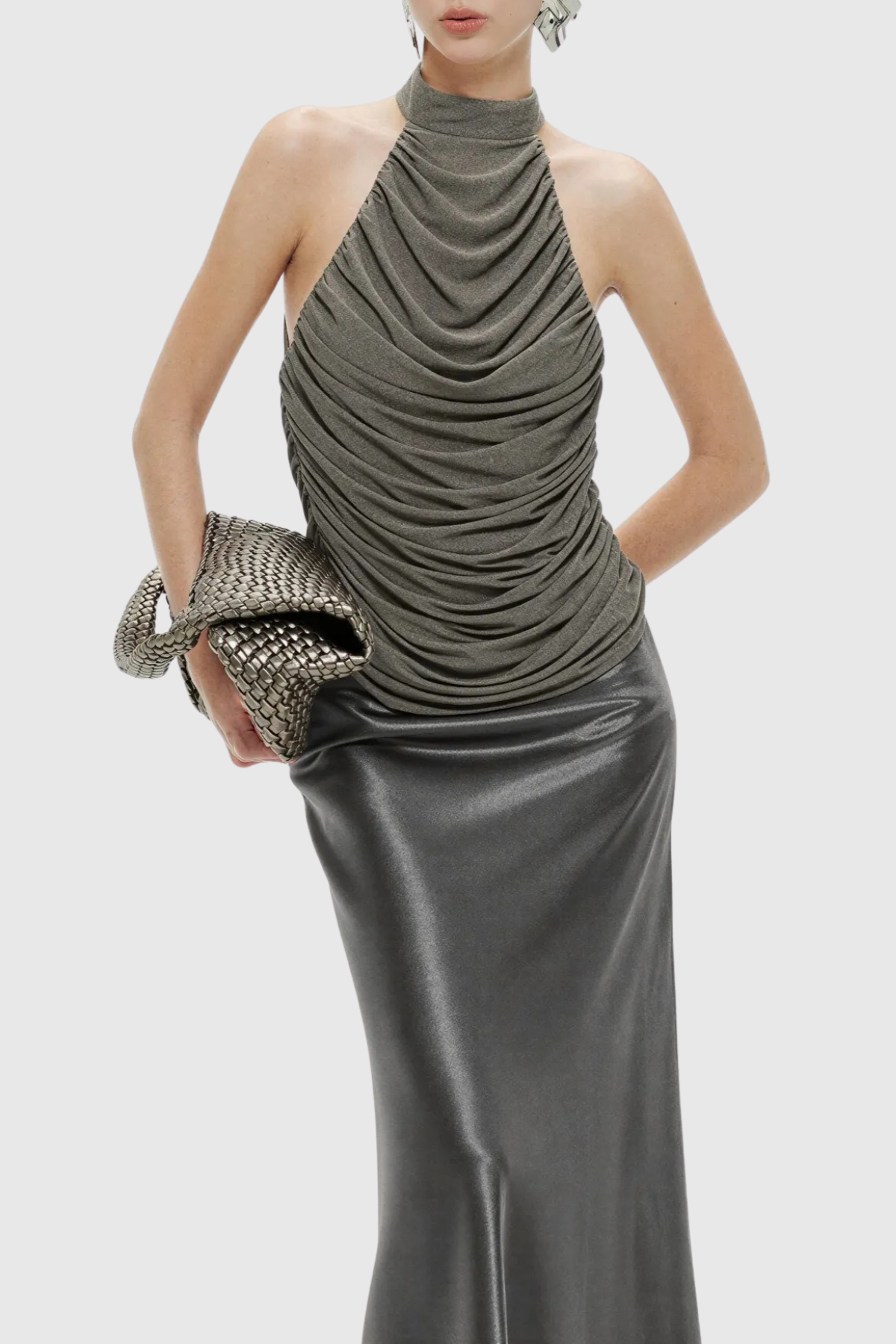 Nataly Sleeveless Ruched Satin Maxi Dress