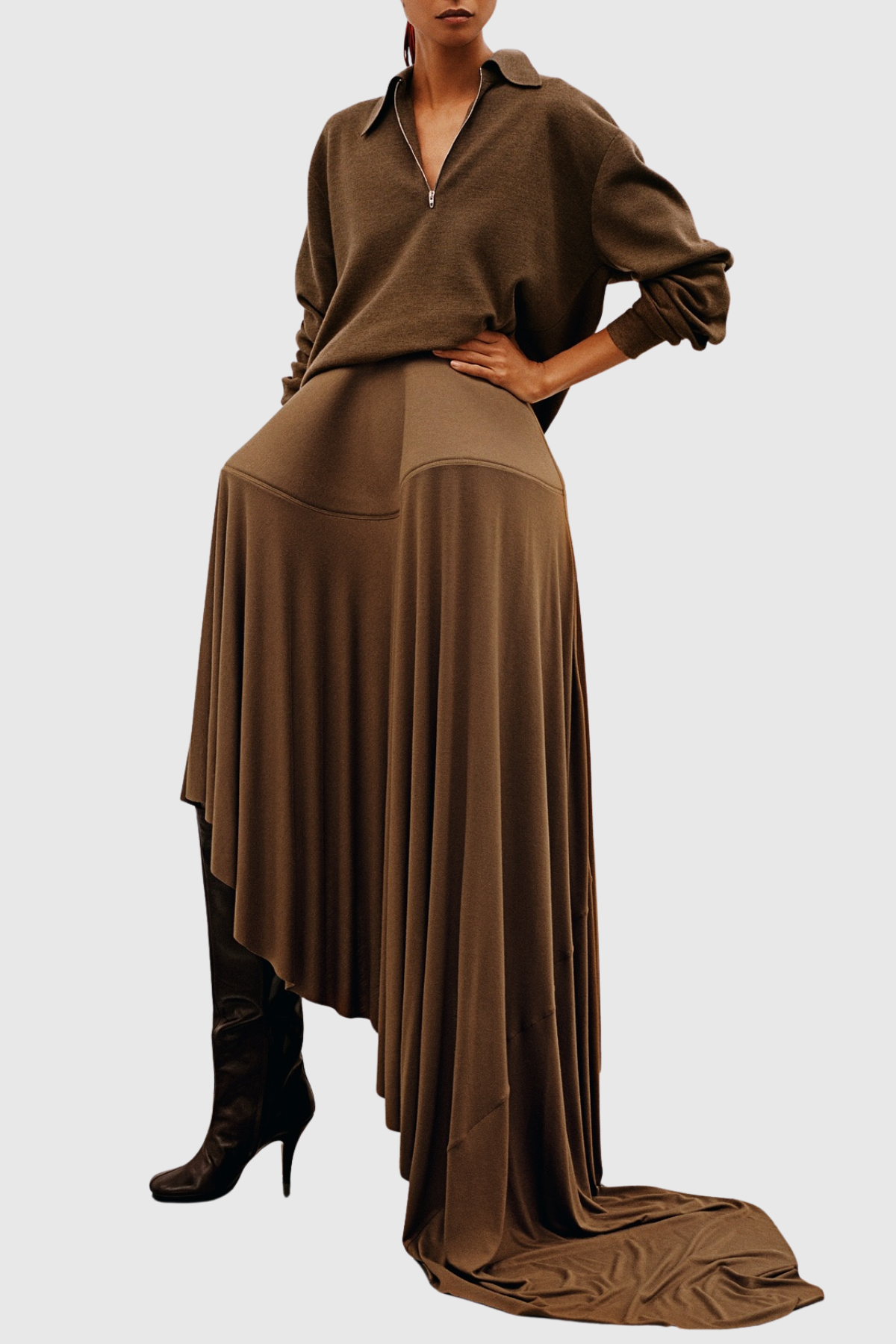 Nazli Asymmetric Sculptural Maxi Skirt - Brown