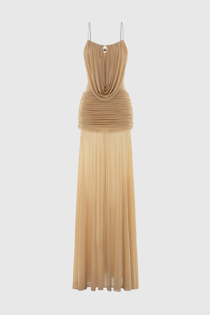 Neraos Draped Ruched Maxi Dress - Beige