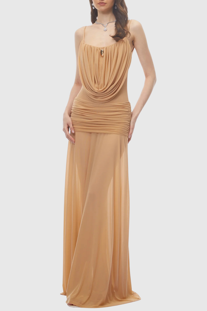 Neraos Draped Ruched Maxi Dress - Beige