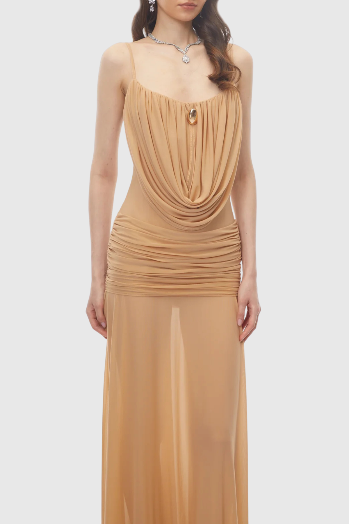Neraos Draped Ruched Maxi Dress - Beige