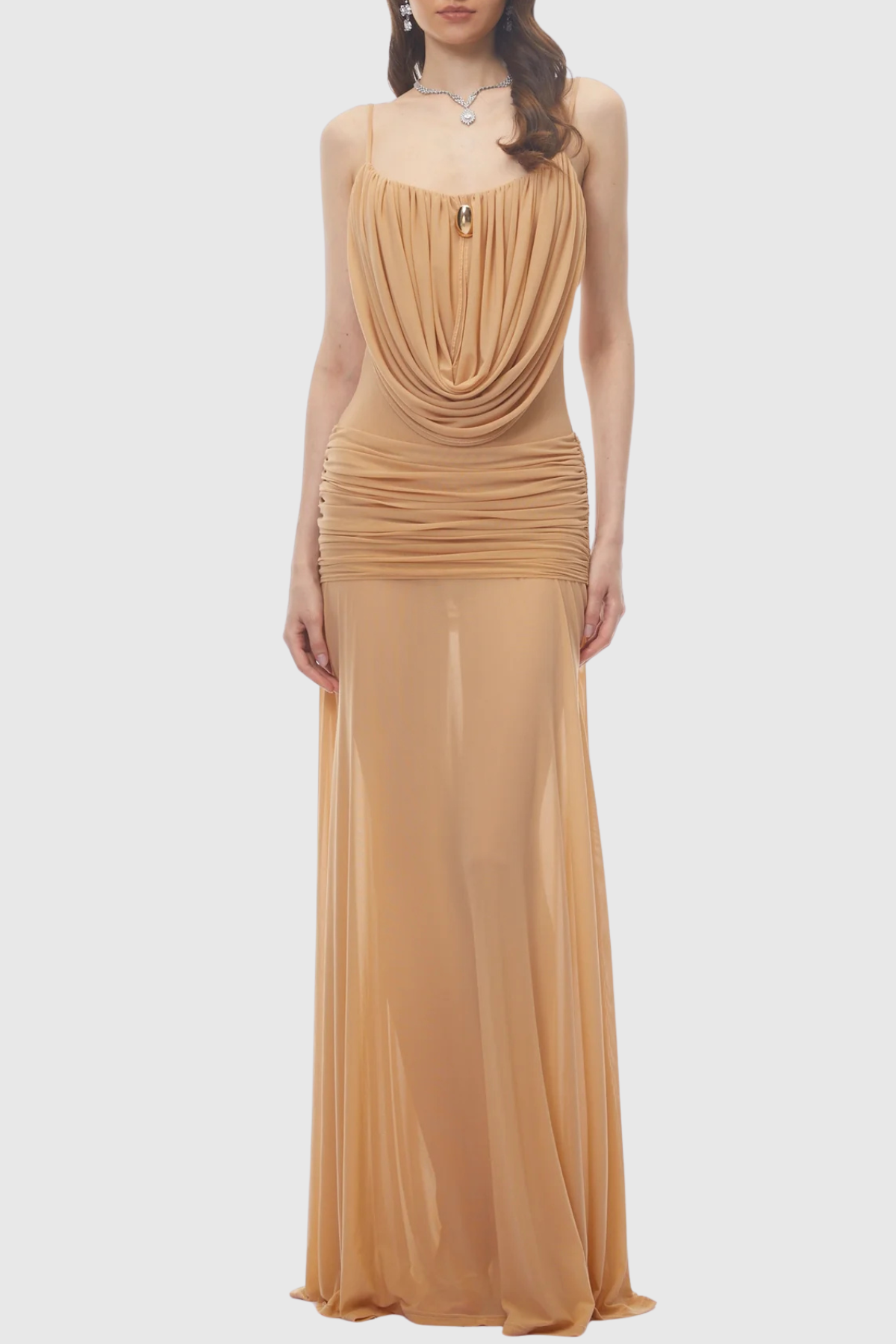Neraos Draped Ruched Maxi Dress - Beige