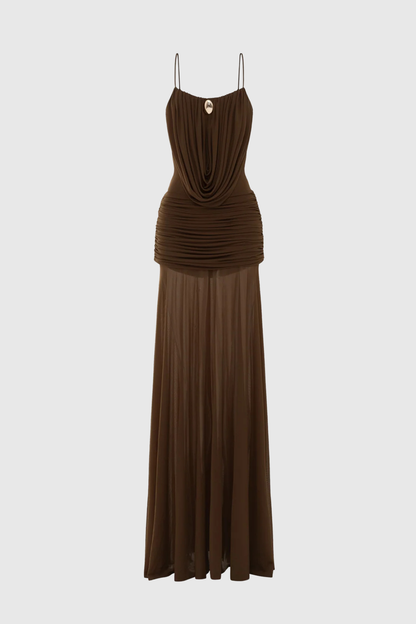 Neraos Draped Ruched Maxi Dress - Brown
