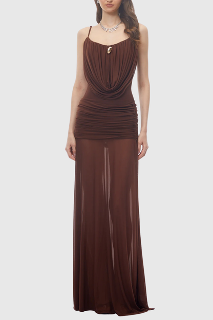 Neraos Draped Ruched Maxi Dress - Brown