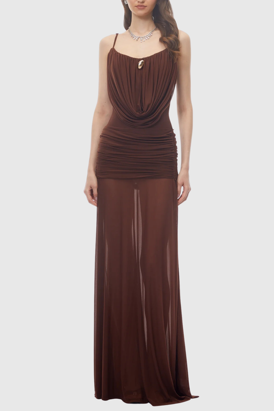 Neraos Draped Ruched Maxi Dress - Brown
