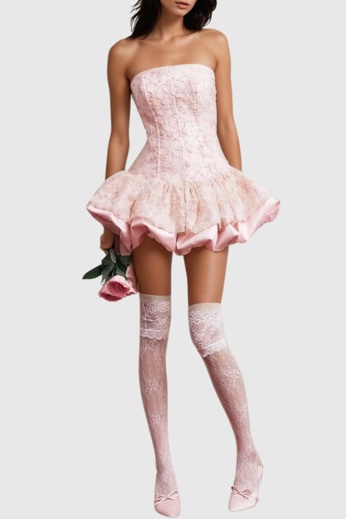 Netuno Floral Lace Strapless Mini Dress - Pink