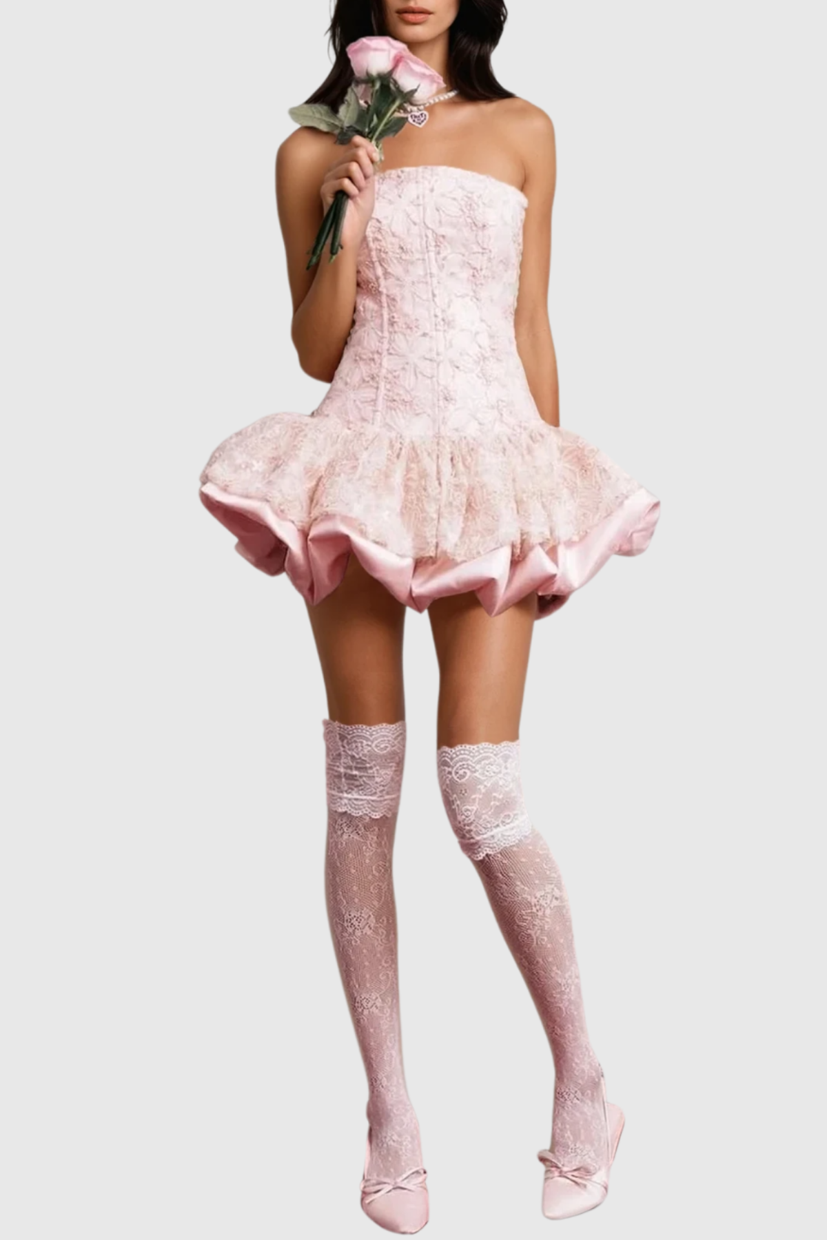 Netuno Floral Lace Strapless Mini Dress - Pink