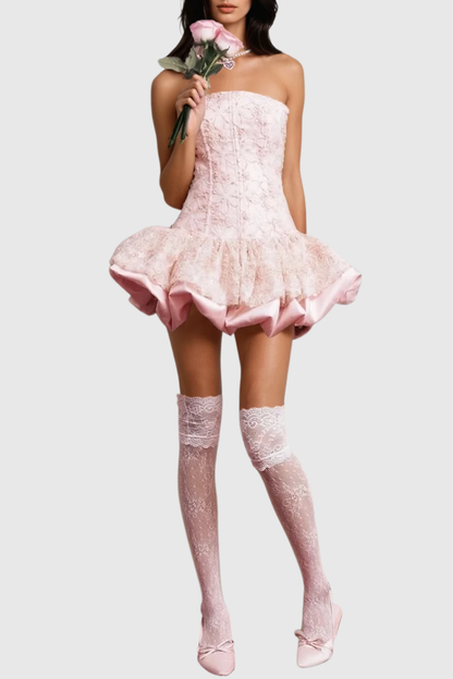 Netuno Floral Lace Strapless Mini Dress - Pink
