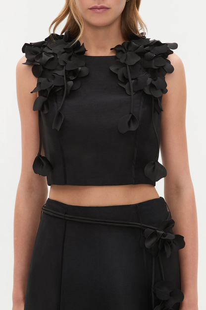 Nicao Floral Appliqué Top & Midi Skirt Set - Black