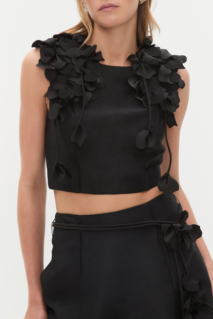 Nicao Floral Appliqué Top & Midi Skirt Set - Black