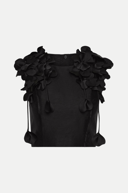 Nicao Floral Appliqué Top & Midi Skirt Set - Black