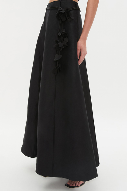 Nicao Floral Appliqué Top & Midi Skirt Set - Black