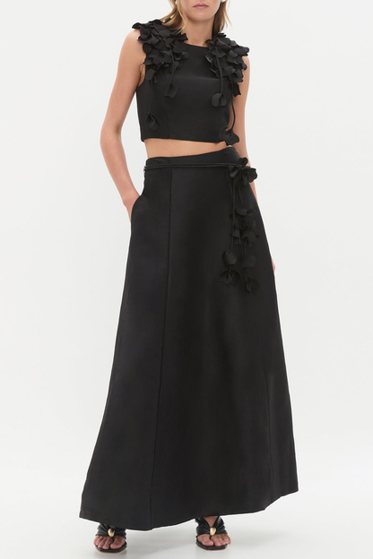 Nicao Floral Appliqué Top & Midi Skirt Set - Black