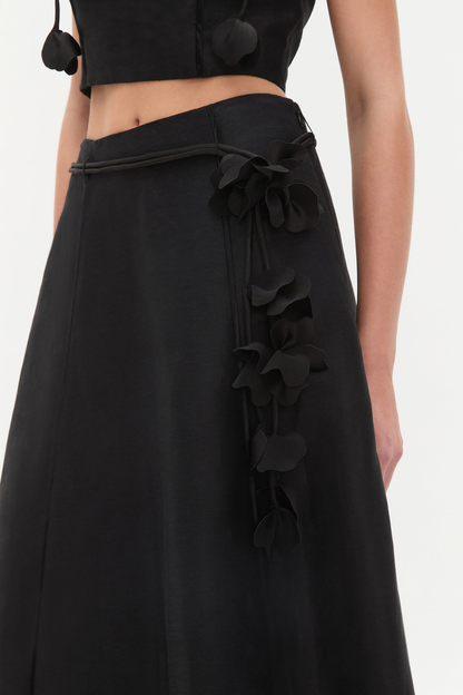 Nicao Floral Appliqué Top & Midi Skirt Set - Black