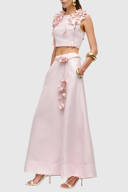 Nicao Floral Appliqué Top & Midi Skirt Set - Pink