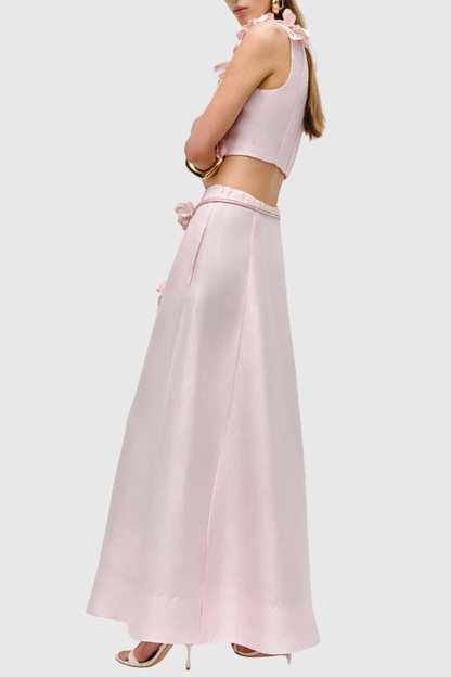 Nicao Floral Appliqué Top & Midi Skirt Set - Pink