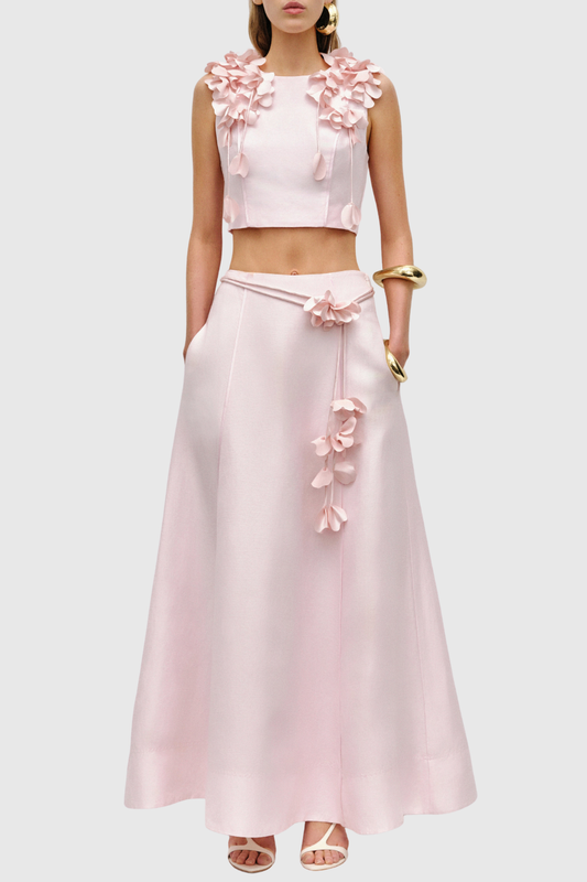 Nicao Floral Appliqué Top & Midi Skirt Set - Pink