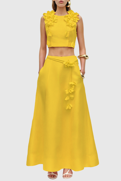 Nicao Floral Appliqué Top & Midi Skirt Set - Yellow