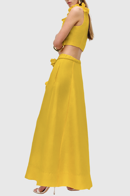 Nicao Floral Appliqué Top & Midi Skirt Set - Yellow