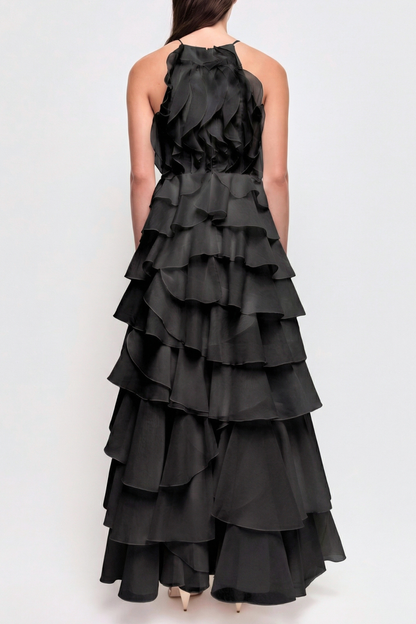 Nigella Halter Ruffle Maxi Dress - Black