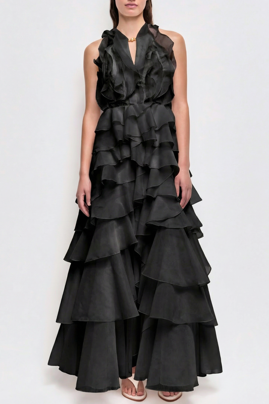 Nigella Halter Ruffle Maxi Dress - Black