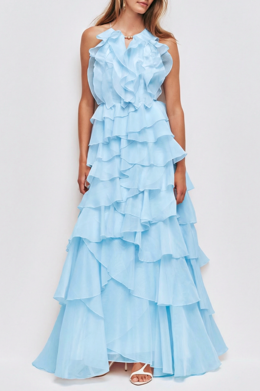 Nigella Halter Ruffle Maxi Dress - Blue