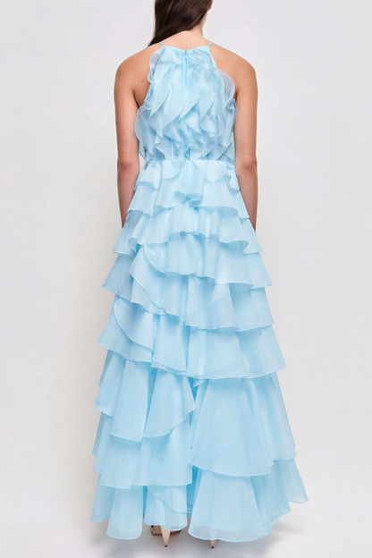 Nigella Halter Ruffle Maxi Dress - Blue