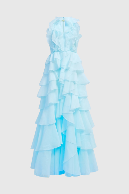 Nigella Halter Ruffle Maxi Dress - Blue