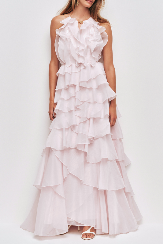 Nigella Halter Ruffle Maxi Dress - Pink