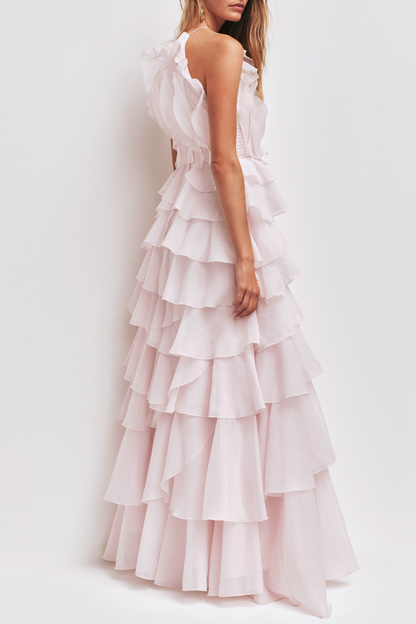 Nigella Halter Ruffle Maxi Dress - Pink