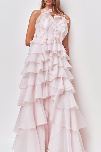 Nigella Halter Ruffle Maxi Dress - Pink