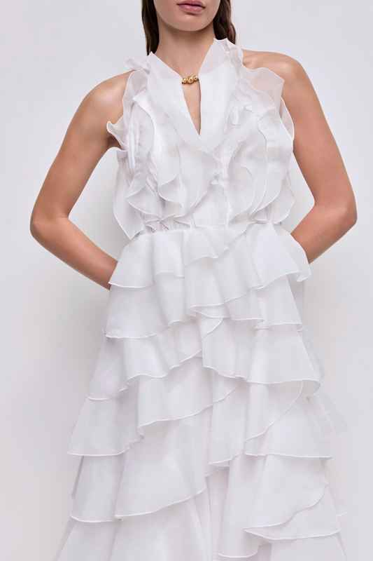 Nigella Halter Ruffle Maxi Dress - White