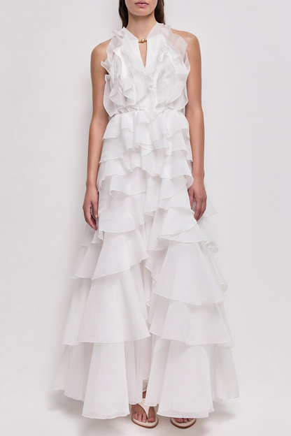 Nigella Halter Ruffle Maxi Dress - White