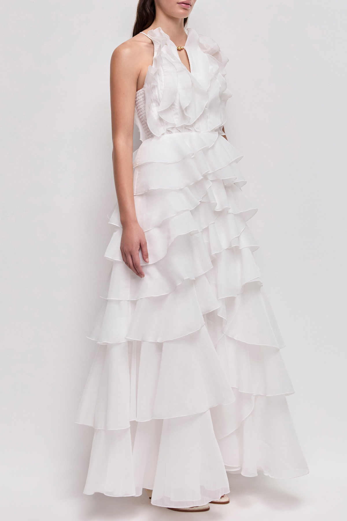 Nigella Halter Ruffle Maxi Dress - White