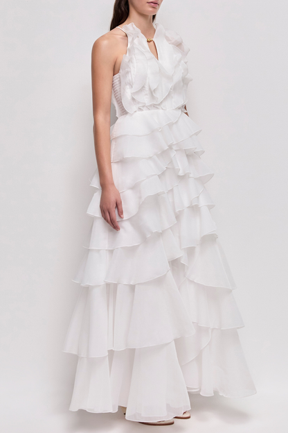 Nigella Halter Ruffle Maxi Dress - White