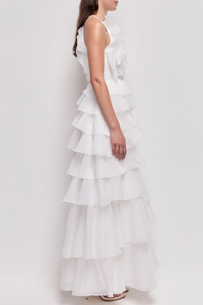 Nigella Halter Ruffle Maxi Dress - White