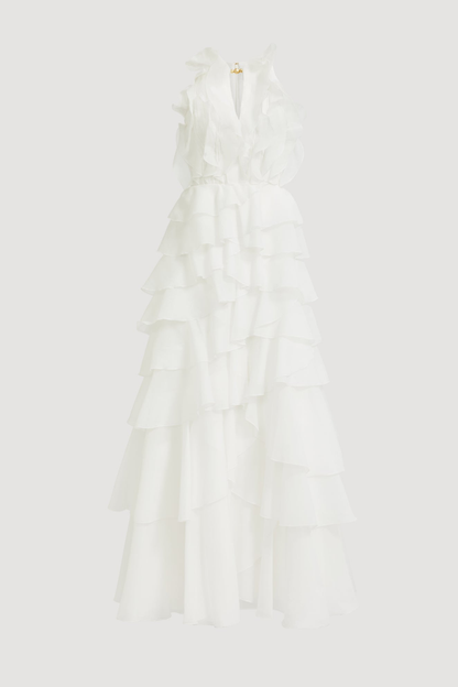 Nigella Halter Ruffle Maxi Dress - White