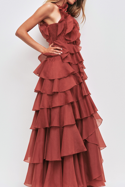 Nigella Halter Ruffle Maxi Dress - Wine