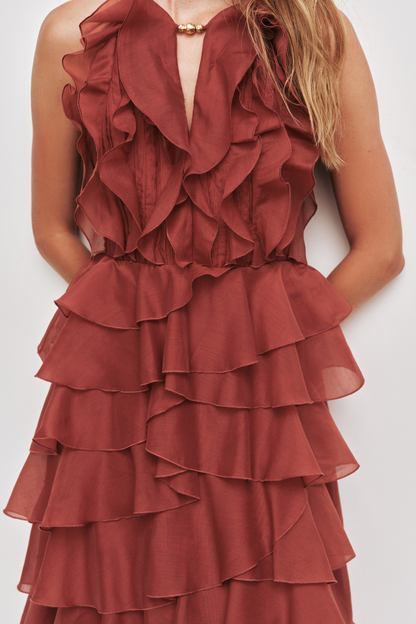 Nigella Halter Ruffle Maxi Dress - Wine