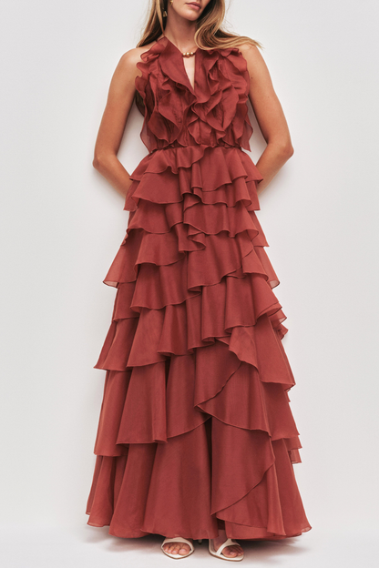 Nigella Halter Ruffle Maxi Dress - Wine