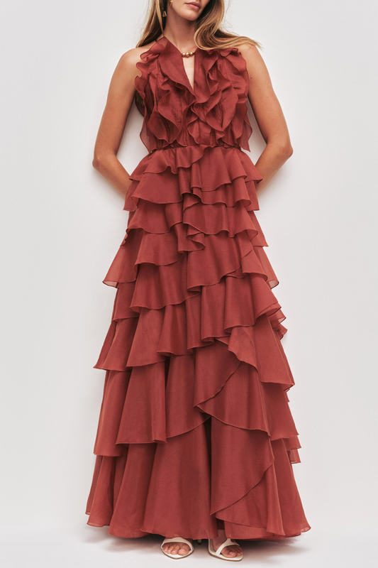 Nigella Halter Ruffle Maxi Dress - Wine