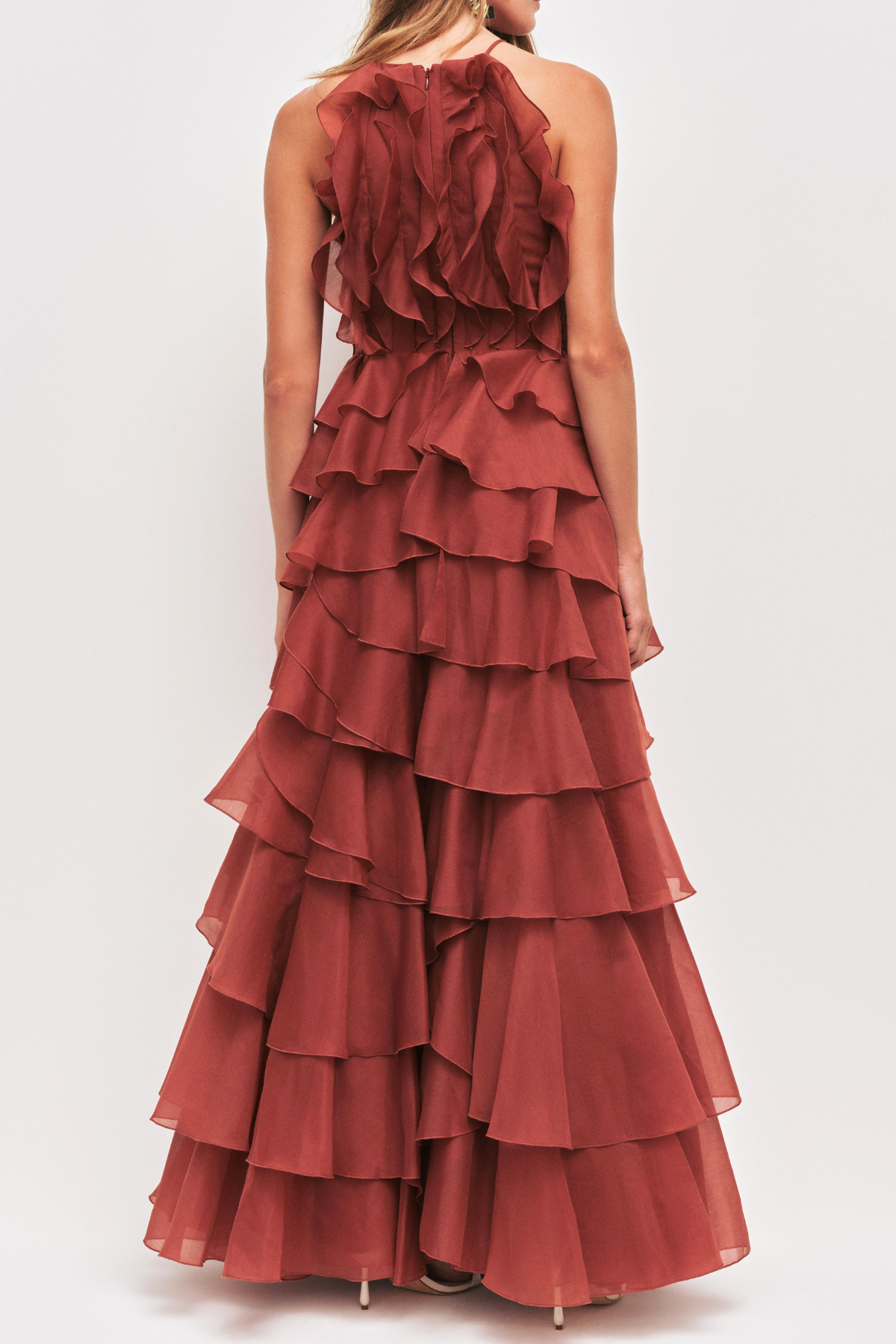Nigella Halter Ruffle Maxi Dress - Wine