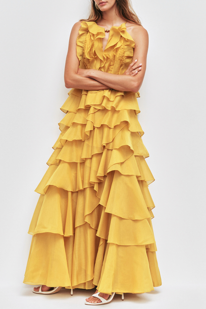 Nigella Halter Ruffle Maxi Dress - Yellow