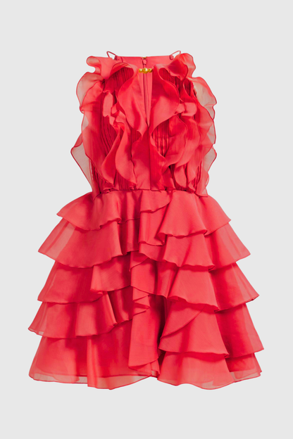 Nigella Halter Ruffle Mini Dress - Red