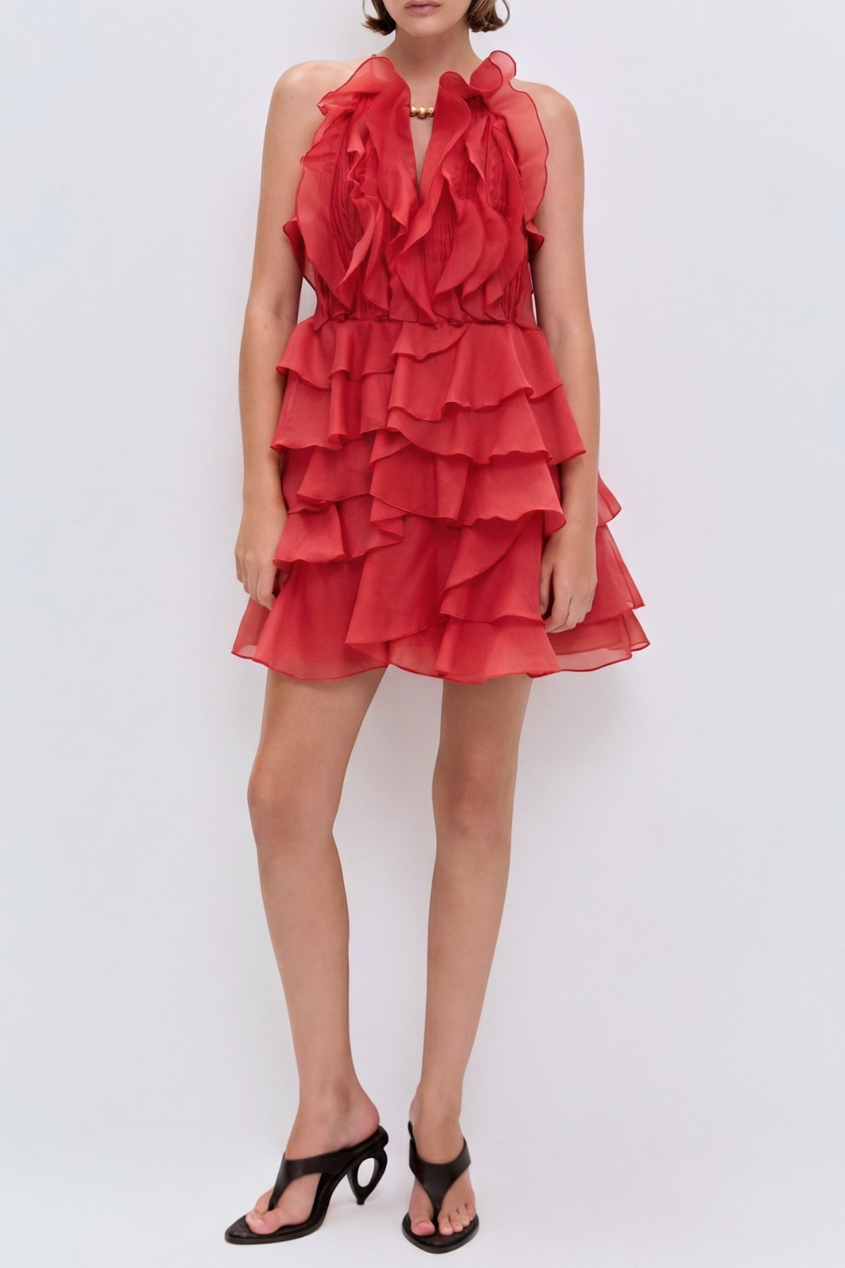 Nigella Halter Ruffle Mini Dress - Red