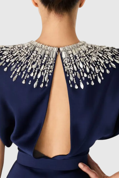 Nikola Sequin Embellished Satin Maxi Dress - Navy