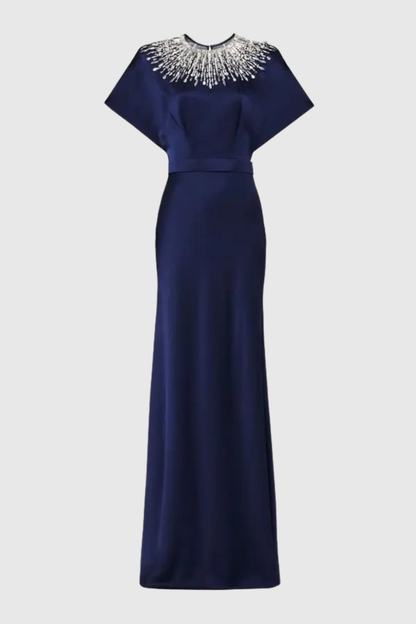 Nikola Sequin Embellished Satin Maxi Dress - Navy