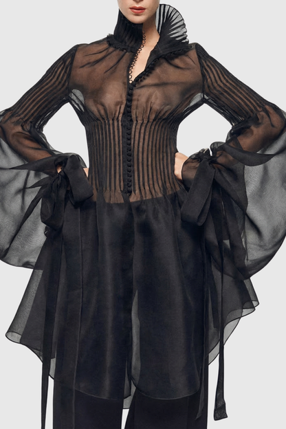 Nisha Buttoned Pleated Midi Shirt - Black