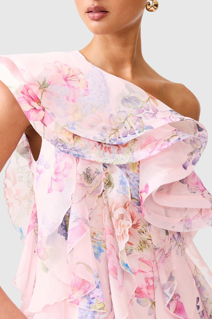 Nitazs One Shoulder Floral Ruffle Mini Dress