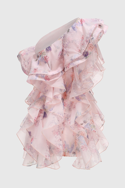 Nitazs One Shoulder Floral Ruffle Mini Dress